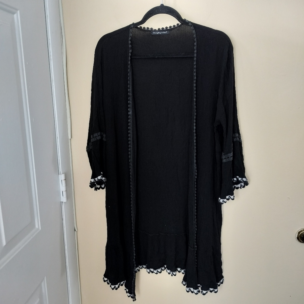 Do Everything In Love Black Cotton Gauze Kimono Scalloped Trim Boho Vacation
